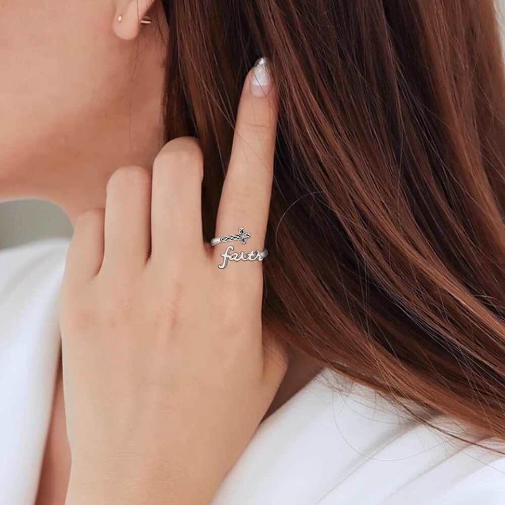 Silver 'Faith' Script Cross Stacking Ring - Picture 5 of 6